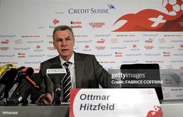 The coach of the Swiss football team, German Ottmar Hitzfeld looks on after he named the squad for the FIFA World Cup in South Africa during a press...