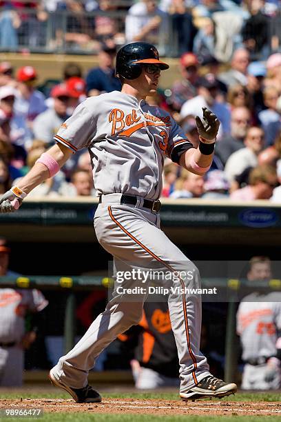 Matt Weiters of the Baltimore Orioles bats against the Minnesota Twins at Target Field on May 9, 2010 in Minneapolis, Minnesota. The Twins beat the...