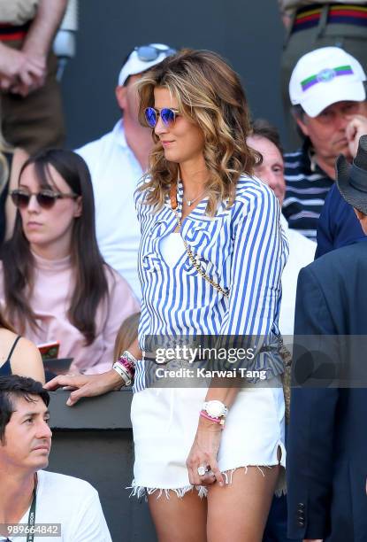 Mirka Federer attends day one of the Wimbledon Tennis Championships at the All England Lawn Tennis and Croquet Club on July 2, 2018 in London,...