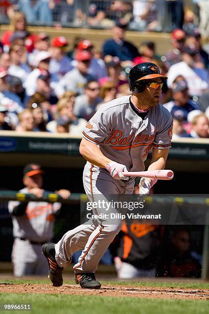 Luke Scott of the Baltimore Orioles bats against the Minnesota Twins at Target Field on May 9, 2010 in Minneapolis, Minnesota. The Twins beat the...