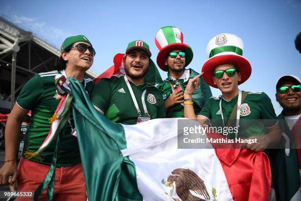 Mexico fans enjoy the pre match atmosphere during the 2018 FIFA World Cup Russia Round of 16 match between Brazil and Mexico at Samara Arena on July...