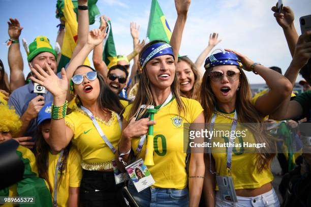 Brazil fans enjoy the pre match atmosphere during the 2018 FIFA World Cup Russia Round of 16 match between Brazil and Mexico at Samara Arena on July...
