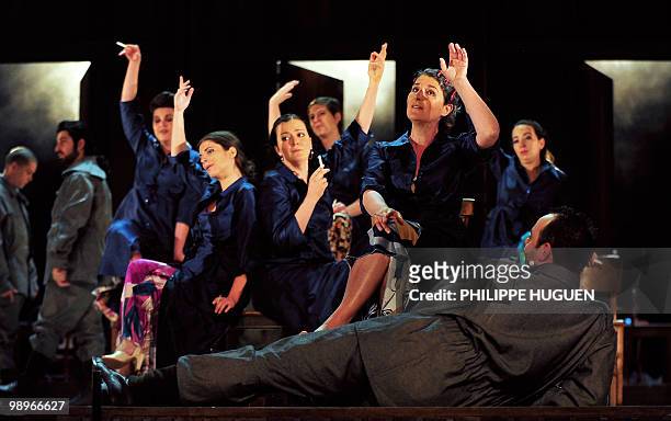 Singers perform "Carmen" by Georges Bizet during a rehearsal on May 7, 2010 at L'Opéra de Lille, northern France. The opera will be performed on ten...