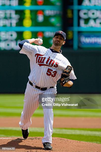 Starting pitcher Nick Blackburn of the Minnesota Twins throws against the Baltimore Orioles at Target Field on May 9, 2010 in Minneapolis, Minnesota....