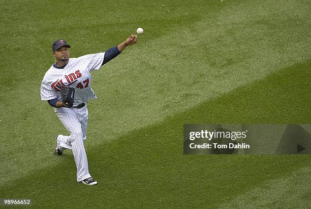 Francisco Liriano of the Minnesota Twins warms up prior to a game against the Baltimore Orioles at Target Field on May 8, 2010 in Minneapolis,...