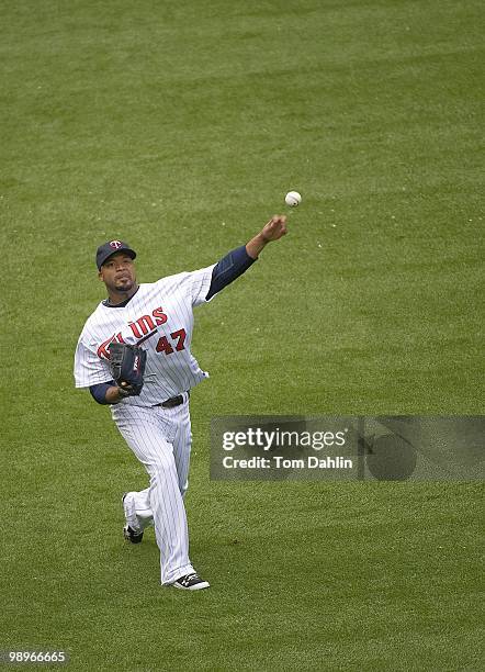 Francisco Liriano of the Minnesota Twins warms up prior to a game against the Baltimore Orioles at Target Field on May 8, 2010 in Minneapolis,...