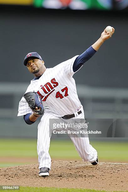 Francisco Liriano of the Minnesota Twins pitches to the Baltimore Orioles on May 8, 2010 at Target Field in Minneapolis, Minnesota. The Orioles won...