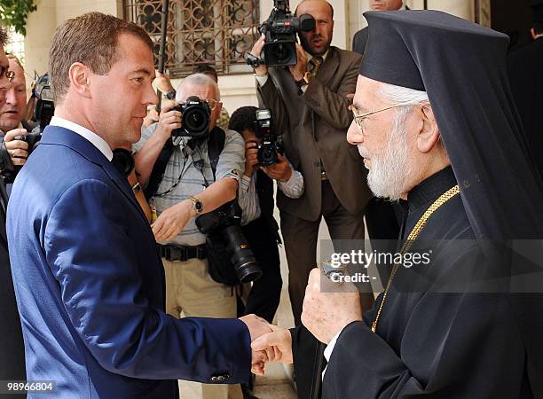 Orthodox Patriarch of Antioch and the whole East, Ignatius Hazim IV , welcomes Russian President Dmitry Medvedev in the old city of Damascus on May...