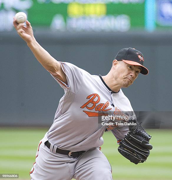 Jeremy Guthrie of the Baltimore Orioles delivers a pitch during a game against the Minnesota Twins at Target Field on May 8, 2010 in Minneapolis,...