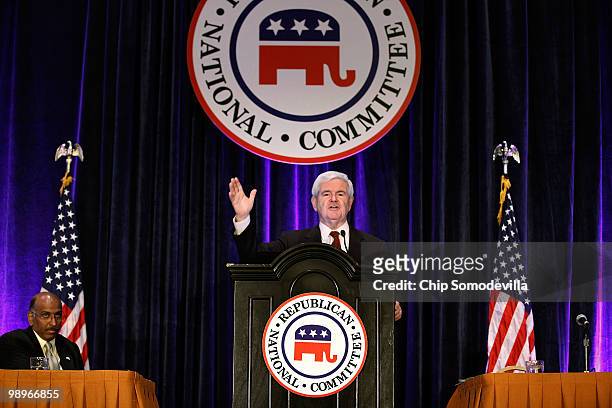 Former Speaker of the House Newt Gingrich addresses the Republican National Committee's State Chairman's meeting with RNC Chairman Michael Steele at...