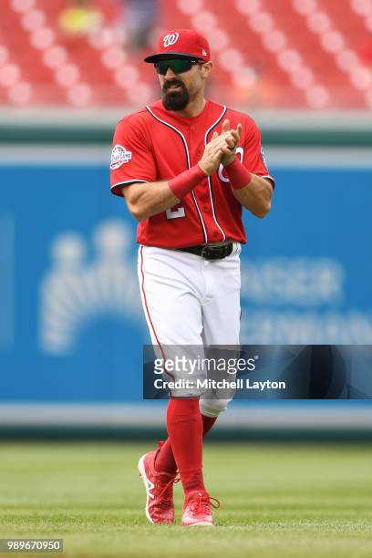 Adam Eaton of the Washington Nationals looks on before a baseball game against the Philadelphia Phillies at Nationals Park on June 23, 2018 in...