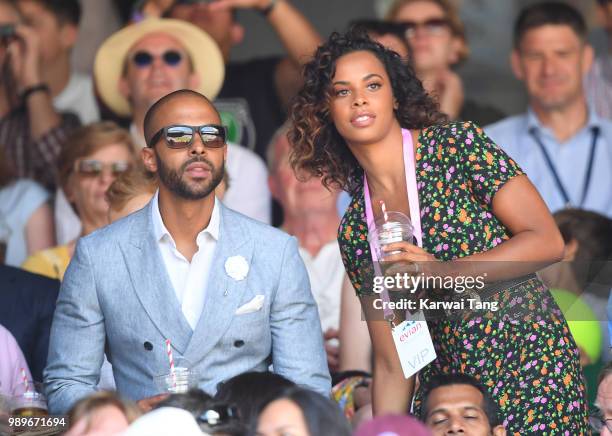 Marvin and Rochelle Humes attend day one of the Wimbledon Tennis Championships at the All England Lawn Tennis and Croquet Club on July 2, 2018 in...