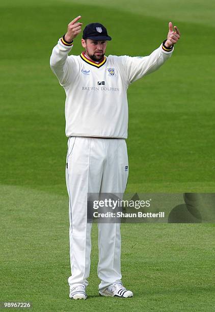 Steve Harmison of Durham signals to the dressing room the field during the LV County Championship match between Nottinghamshire and Durham at Trent...