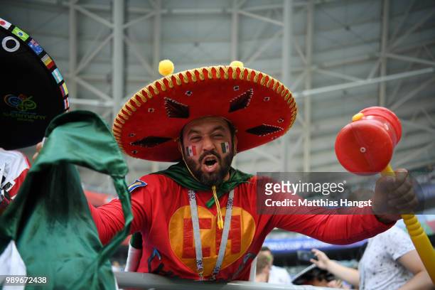 Mexico fan enjoys the pre match atmosphere during the 2018 FIFA World Cup Russia Round of 16 match between Brazil and Mexico at Samara Arena on July...