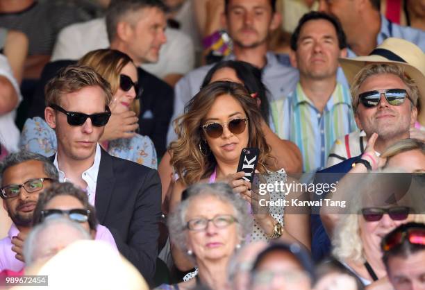 Laurence Fox, Myleene Klass and Simon Motson attend day one of the Wimbledon Tennis Championships at the All England Lawn Tennis and Croquet Club on...