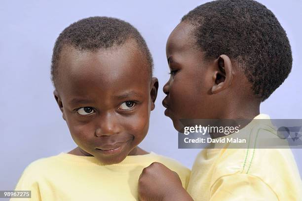 boy (2-3) whispering into twin brother's ear, cape town, western cape province, south africa - malan stockfoto's en -beelden