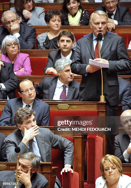 French head of French PS group at the national Assembly Jean-Marc Ayrault asks a question during the session of questions to the government on May...