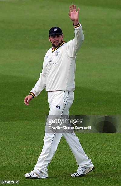 Steve Harmison of Durham signals to the dressing room the field during the LV County Championship match between Nottinghamshire and Durham at Trent...