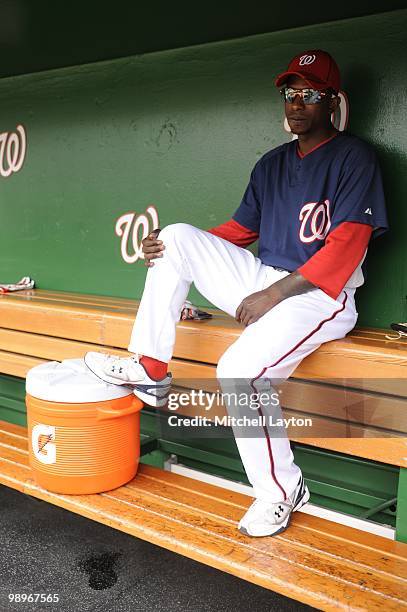 Nyjer Morgan of the Washington Nationals looks on before a baseball game against the Florida Marlins on May 7, 2010 at Nationals Park in Washington,...