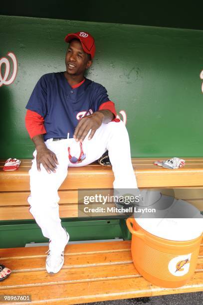 Nyjer Morgan of the Washington Nationals looks on before a baseball game against the Florida Marlins on May 7, 2010 at Nationals Park in Washington,...