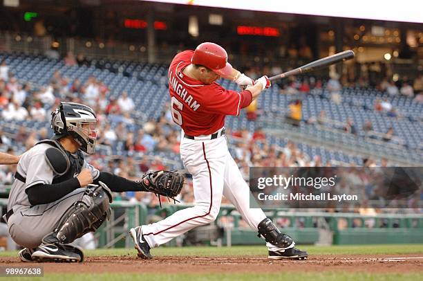Josh Willingham of the Washington Nationals takes a swing during a baseball game against the Florida Marlins on May 7, 2010 at Nationals Park in...