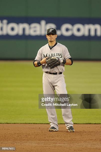 Jorge Cantu of the Florida Marlins looks on during a baseball game against the Washington Nationals on May 7, 2010 at Nationals Park in Washington,...