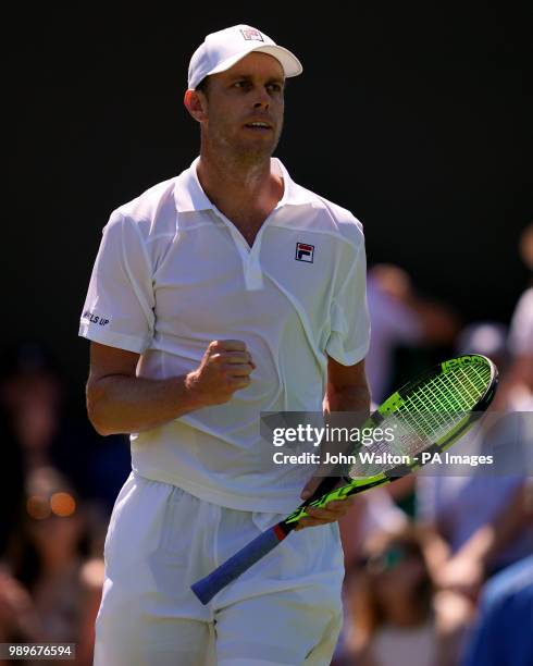 Sam Querrey during his match against Jordan Thompson on day one of the Wimbledon Championships at the All England Lawn Tennis and Croquet Club,...