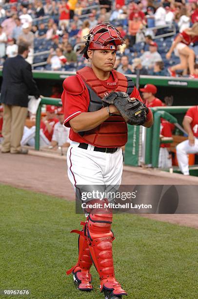 Ivan Rodriguez of the Washington Nationals looks on before a baseball game against the Florida Marlins on May 7, 2010 at Nationals Park in...