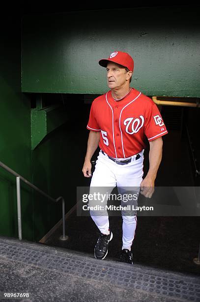 Jim Riggleman, manager of the Washington Nationals, looks on before a baseball game against the Florida Marlins on May 7, 2010 at Nationals Park in...