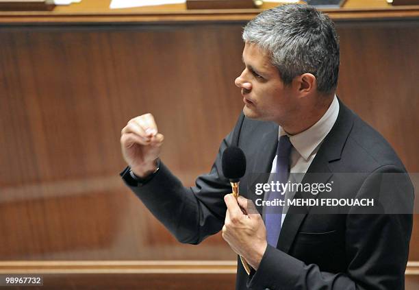 France's Junior Minister for Employment Laurent Wauquiez speaks during the session of questions to the government on May 11, 2010 at the National...