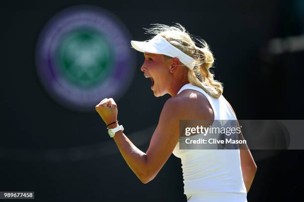 Donna Vekic of Croatia celebrates match point Andreas Seppi of Italy she defeats Sloane Stephens of the United States in their Ladies' Singles first...