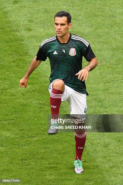 Mexico's midfielder Rafael Marquez warms up ahead of the Russia 2018 World Cup round of 16 football match between Brazil and Mexico at the Samara...
