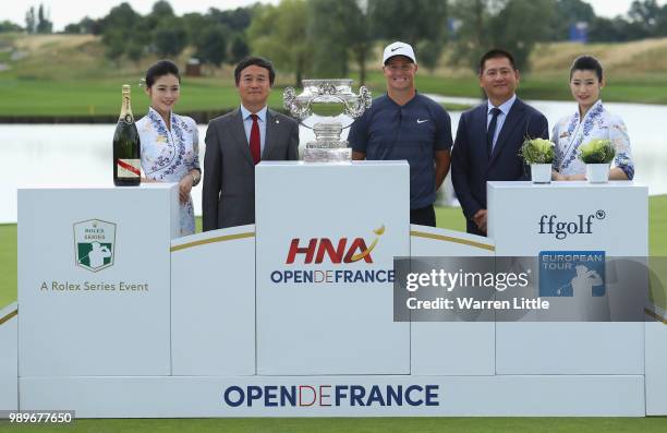 Guang Yang of HNA, Alex Noren of Sweden and Zhao Quan, Member of the Board of Directors, HNA Group Chairman and CEO, HNA Aviation Group pose for a...