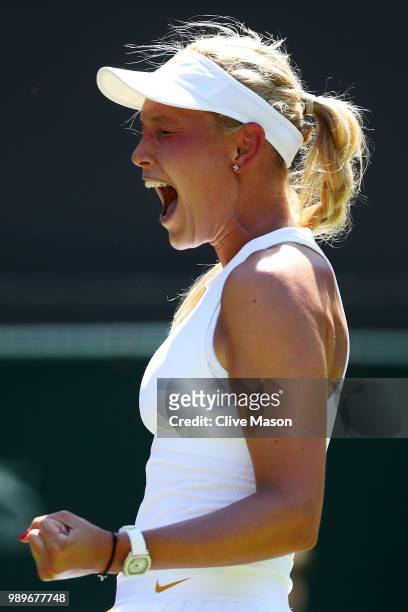 Donna Vekic of Croatia celebrates match point during her Ladies' Singles first round match against Sloane Stephens of the United States on day one of...