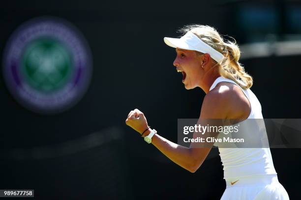 Donna Vekic of Croatia celebrates match point during her Ladies' Singles first round match against Sloane Stephens of the United States on day one of...