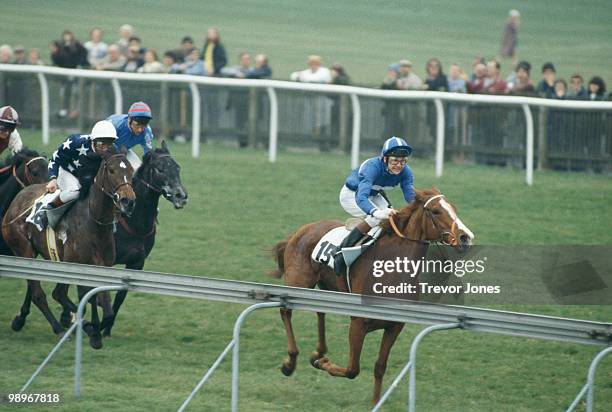 English jockey Philip P. Robinson wins the 1,000 Guineas at Newmarket, on Pebbles, 1984.