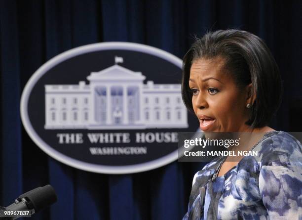 First Lady Michelle Obama speaks on the findings of the Childhood Obesity Task Force report on May 11, 2010 in the South Court Auditorium of the...
