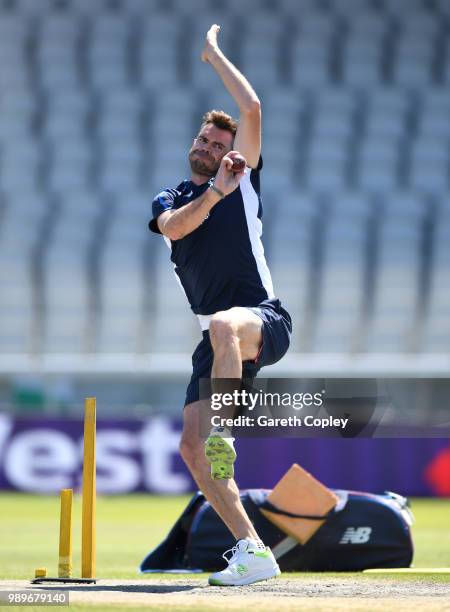 James Anderson of England bowls during a net session at Emirates Old Trafford on July 2, 2018 in Manchester, England.