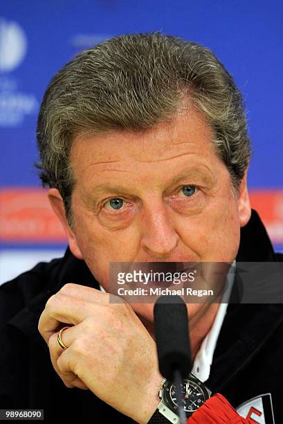 Head coach Roy Hodgson attends the Fulham press conference ahead of the UEFA Europa League final match against Atletico Madrid at HSH Nordbank Arena...