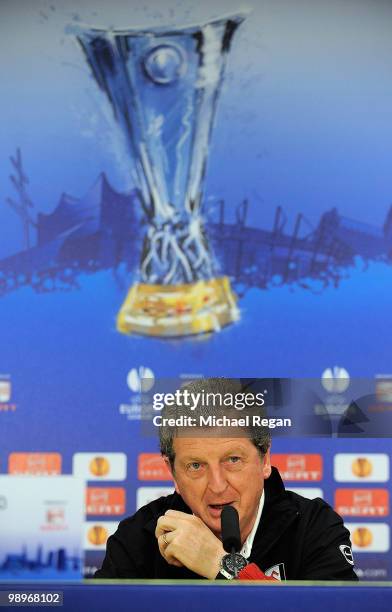 Head coach Roy Hodgson attends the Fulham press conference ahead of the UEFA Europa League final match against Atletico Madrid at HSH Nordbank Arena...