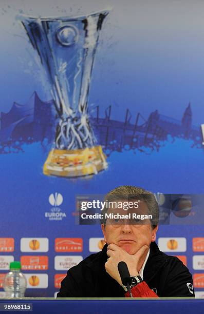 Head coach Roy Hodgson looks on during the Fulham press conference ahead of the UEFA Europa League final match against Atletico Madrid at HSH...