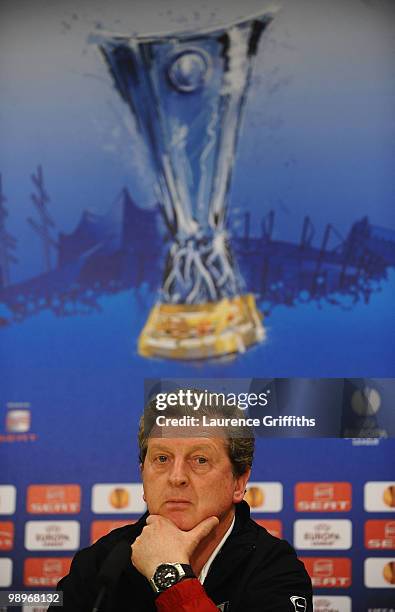 Head coach Roy Hodgson looks on during the Fulham press conference ahead of the UEFA Europa League final match against Atletico Madrid at HSH...