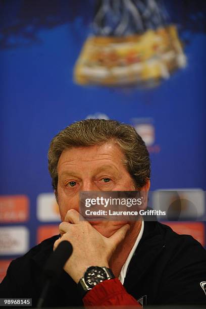 Head coach Roy Hodgson attends the Fulham press conference ahead of the UEFA Europa League final match against Atletico Madrid at HSH Nordbank Arena...