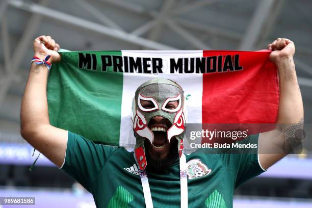 Mexico fan enjoys the pre match atmosphere prior to the 2018 FIFA World Cup Russia Round of 16 match between Brazil and Mexico at Samara Arena on...