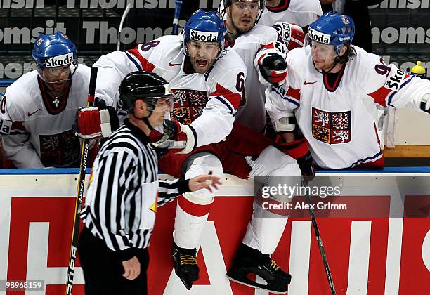 Jaromir Jagr of Czech Republic and team mates argue with the referee during the IIHF World Championship group C match between Czech Republic and...