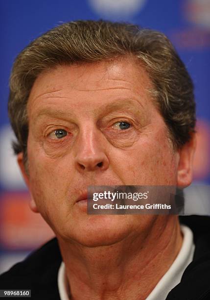 Head coach Roy Hodgson attends the Fulham press conference ahead of the UEFA Europa League final match against Atletico Madrid at HSH Nordbank Arena...