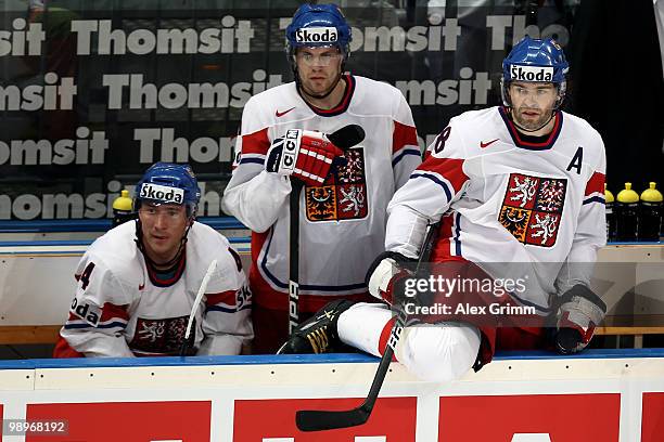 Jaromir Jagr of Czech Republic and team mates react during the IIHF World Championship group C match between Czech Republic and Norway at SAP Arena...