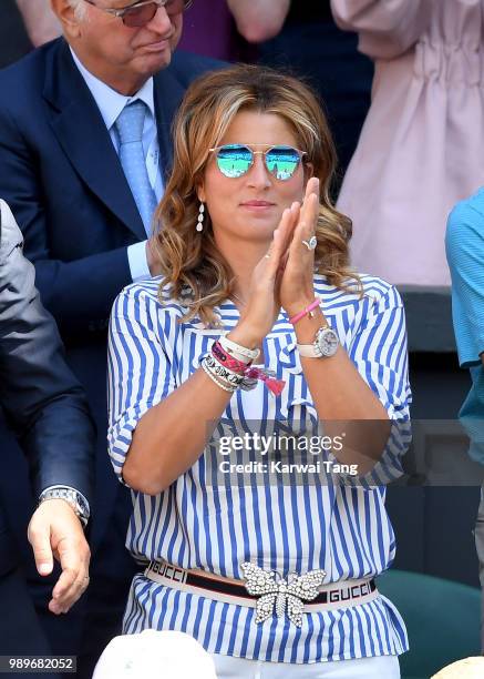 Mirka Federer attends day one of the Wimbledon Tennis Championships at the All England Lawn Tennis and Croquet Club on July 2, 2018 in London,...