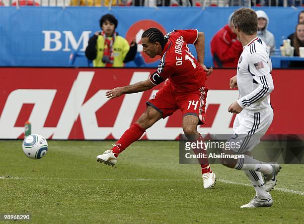 Dwayne De Rosario of Toronto FC kicks the ball during a MLS game against the Chicago Fire at BMO Field May 8, 2010 in Toronto, Ontario, Canada.