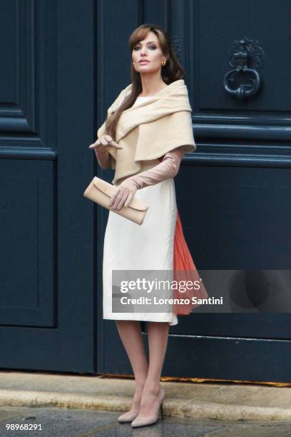 Actress Angelina Jolie films in Place des Victoires of Paris for the Movie "The Tourist" on February 25, 2010 in Paris, France.